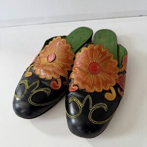 Vintage Michel Simone Leather Mules Women’s Sz 8M Floral Appliqué Made In Spain